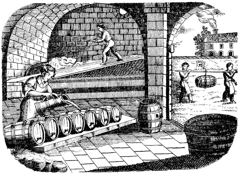 A wood-engraving style image of a brewery in the 19th century, before refrigeration methods. 