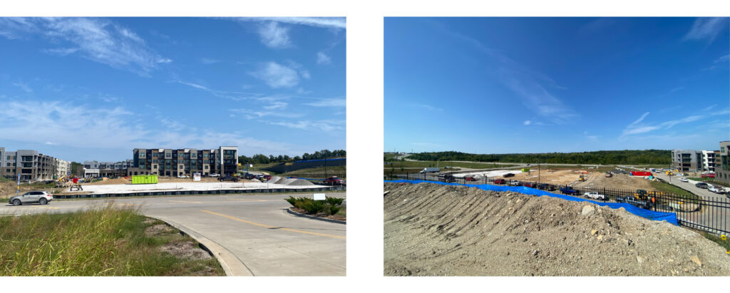 Two photos that show a large, flat construction site. There is white concrete visible. The photo on the left shows a view from the road overlooking a flat area under construction with apartment buildings in the back. The right image shows the construction site from a high vantage point in front of a fence.