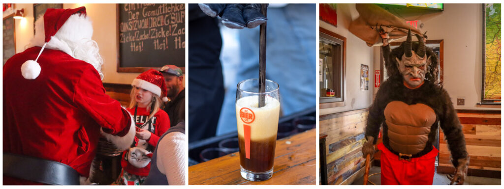 A collage of three photos. The first shows Santa Claus with his back to camera, handing a sack to a young blonde girl in a santa hat. The middle photo is a glass of dark beer on a wooden table with a metal poker in the glass. The third photo is a KC Bier Co employee dressed as Krampus, with horns, grey mask, and fake fur. 