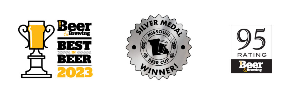 A collage of awards for Let's Go Lager, including a badge that reads "Craft Beer & Brewing Best in Beer 2023", a Silver Medal for the Missouri Beer Cup, and a 95 rating from Craft Beer & Brewing magazine