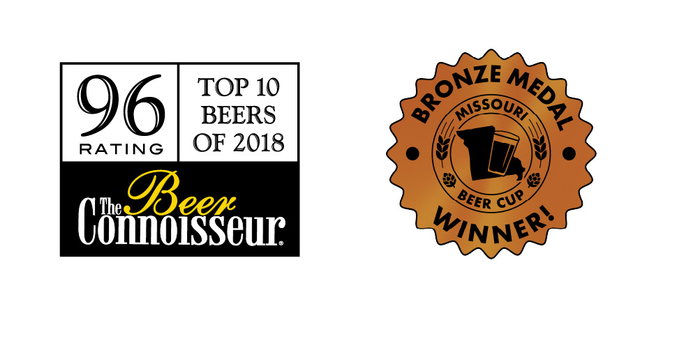 A collage of awards for Festbier, including a badge that says "Top 10 Beers of 2018" and 96 from Beer Connoisseur, and a bronze medal from Missouri Beer Cup