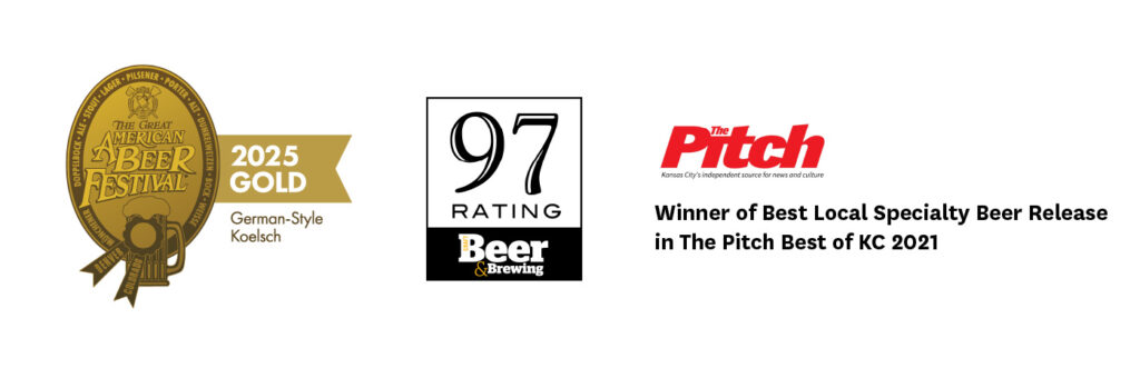 A collage of awards for Kolsch, including a gold medal at the Great American Beer Festival for 2025, a 97 rating from Craft Beer and Brewing Magazine