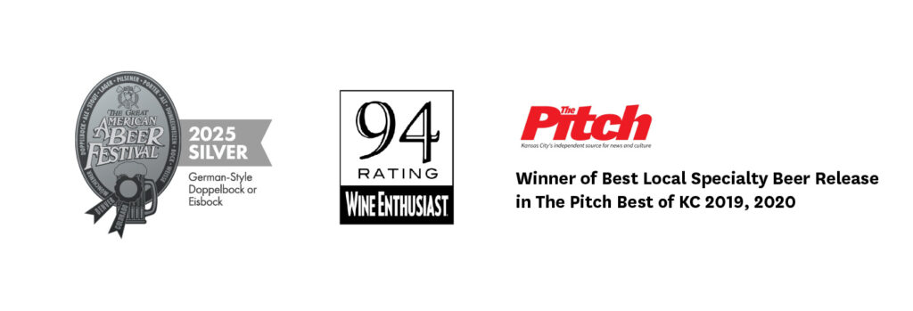 A collage of awards for Dunkelbock, including a Silver medal for Great American Beer Festival in 2025, a 94 rating from Craft Beer and Brewing magazine, and The Pitch Best of KC Awards