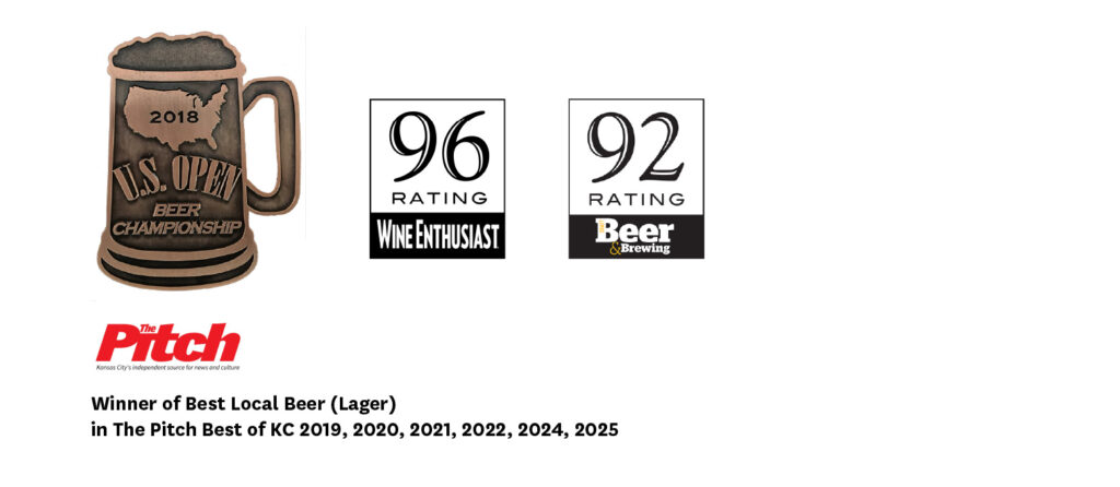 A collage of ratings for Dunkel, including a96 from Wine Enthusiast, a 92 from Craft Beer & Brewing, and a logo for The Pitch Best of KC Awards. 