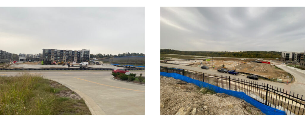 Two images side by side that show different angles of a construction site against a grey sky. The first image is from the street view, and shows apartment buildings in the background. There is cement and dirt in the construction zone. The second photo is from a higher viewpoint behind a metal fence, it overlooks the dirt and cement of the construction site. More cement is visible than in previous photo. 