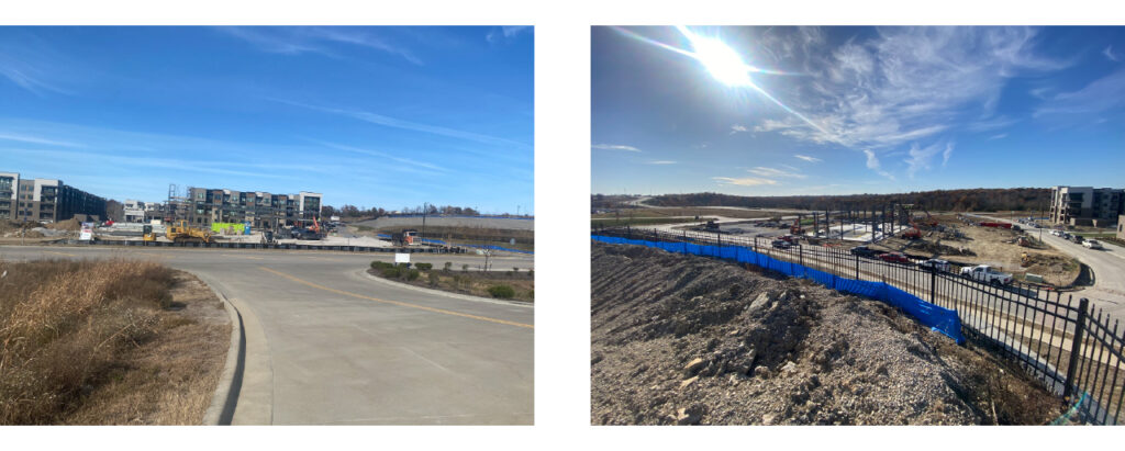 Two images side by side that show different angles of a construction site against a blue sky. The first image is from the street view, and shows apartment buildings in the background. There is cement and dirt in the construction zone. The second photo is from a higher viewpoint behind a metal fence, it overlooks the dirt and cement of the construction site. There are metal beams extending into the air and a building frame beginning to take shape. 
