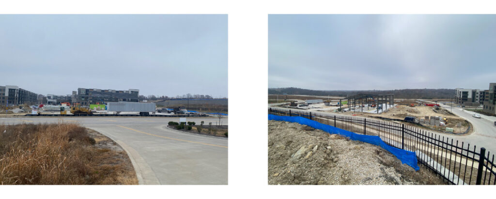 Two images side by side that show different angles of a construction site against a blue sky. The first image is from the street view, and shows apartment buildings in the background. There is cement and dirt in the construction zone. The second photo is from a higher viewpoint behind a metal fence, it overlooks the dirt and cement of the construction site. There are metal beams extending into the air, and the frame of a building is beginning to take shape. 