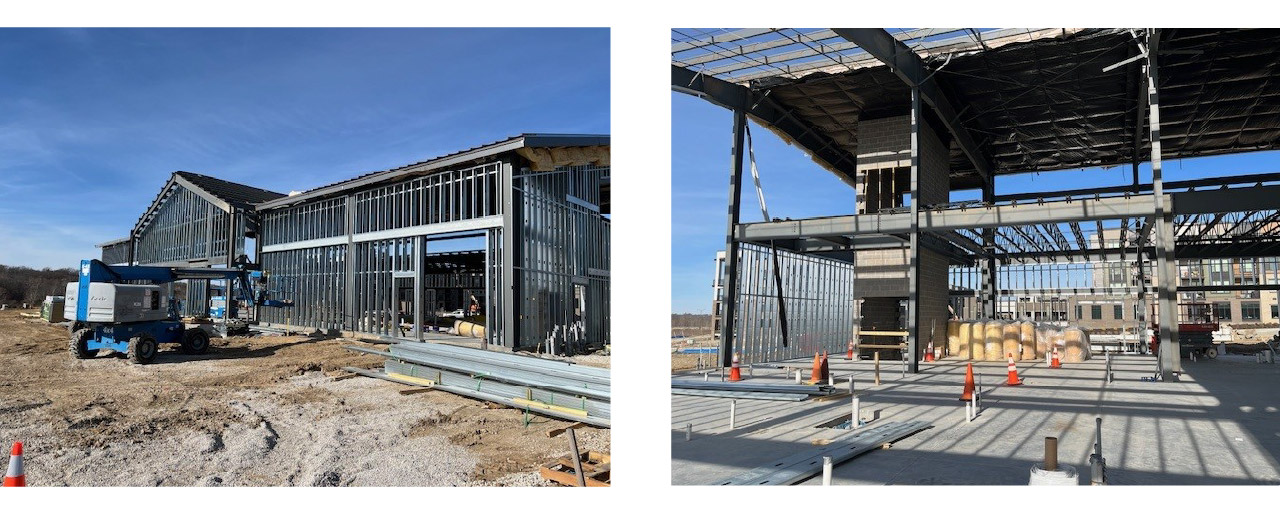 Two photos side by side that show a construction site. The first photo shows the front of a large rectangular building frame built from iron beams. There is a pointed roof in the center of the structure. The second photo is inside the structure, showing more iron beams and an elevator shaft. 