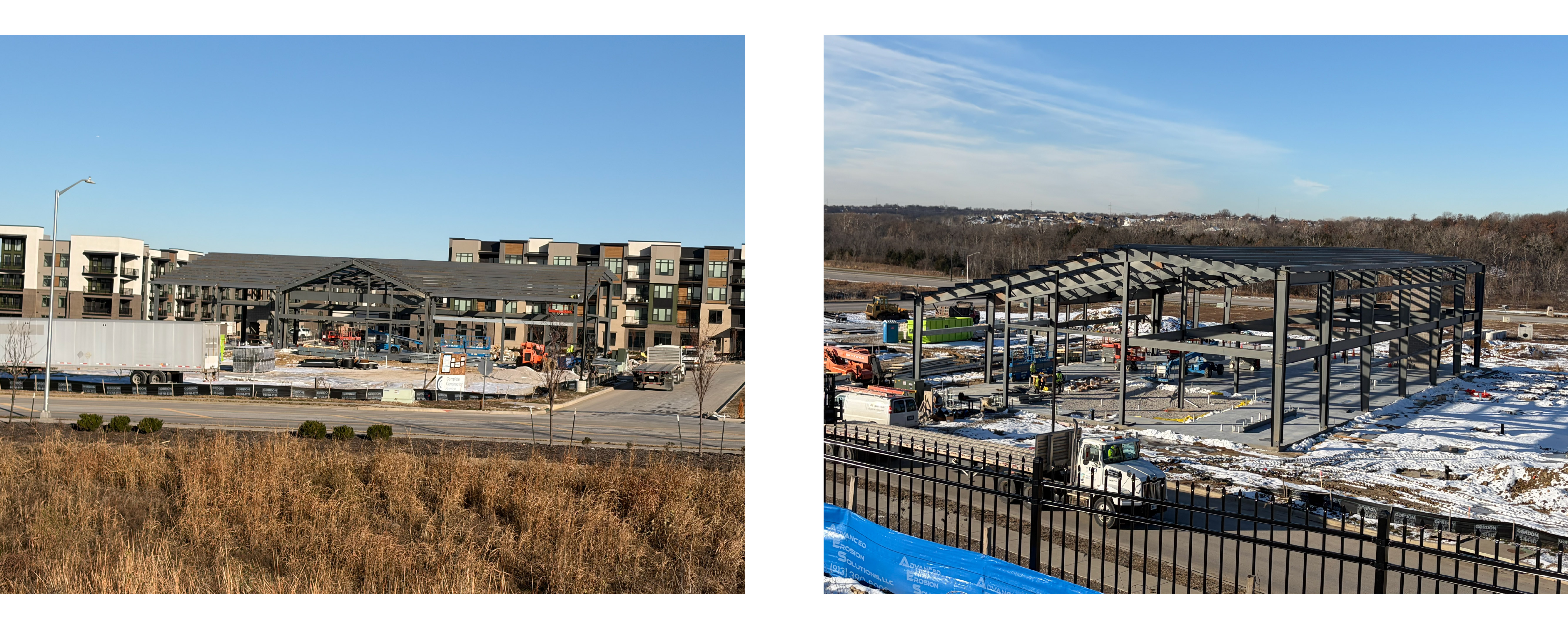 Two photos that show a construction site against a blue sky. There is a little snow on the ground. The dark grey iron frame of a building is beginning to take shape.