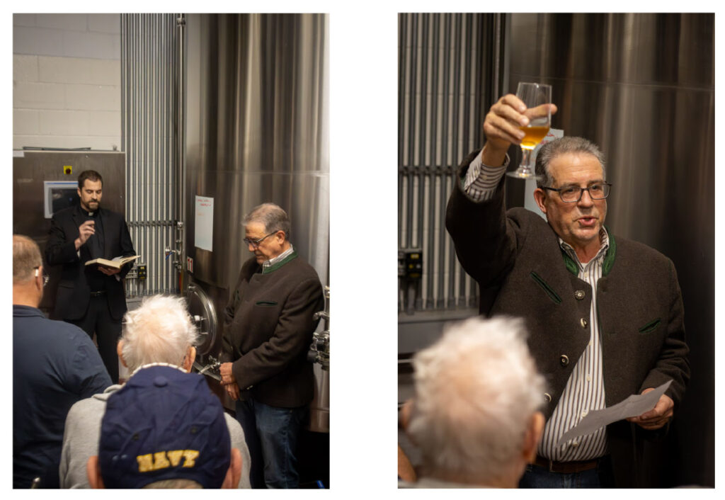 A collage of two photos that show two men in front of brewery tanks