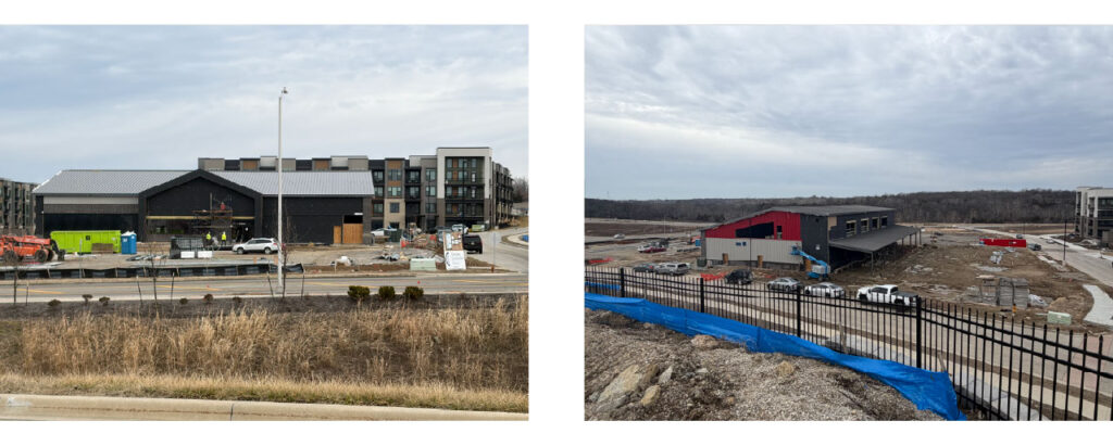 Two photos that overlook a construction site with a large dark grey iron building. The first photo shows the building from the front street view, and iron beams can be seen. The second photo is from a raised view on a hill and shows the back of the building.