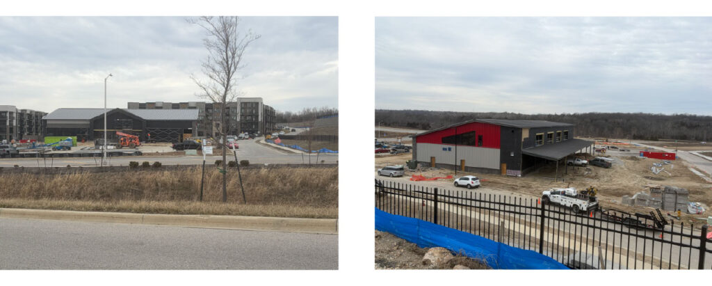 Two photos that overlook a construction site with a large dark grey iron building. The first photo shows the building from the front street view, and iron beams can be seen. The second photo is from a raised view on a hill and shows the back of the building.