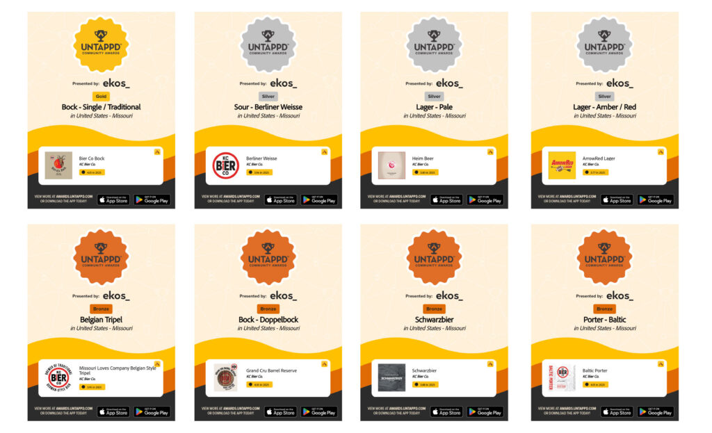 A collage of 8 graphics from the Untappd Community Awards. There are 4 bronze medal awards, three silver, and one gold. 